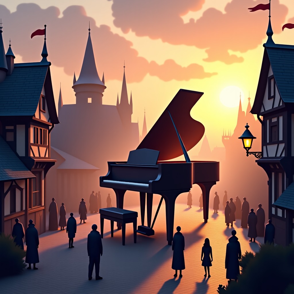 A giant magical piano in the middle of a medieval fantasy town square, people walking around, soft sunset lighting, peaceful atmosphere, 1:1