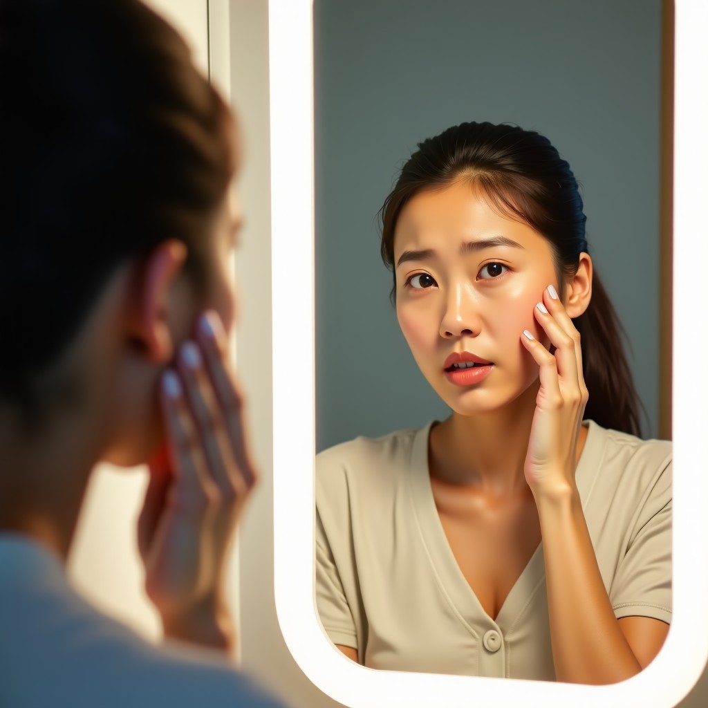 A Korean woman in her late 20s looking in a bathroom mirror, touching her cheek with a concerned expression. The lighting is soft and natural. Modern bathroom interior. High quality lifestyle photography. 4:3