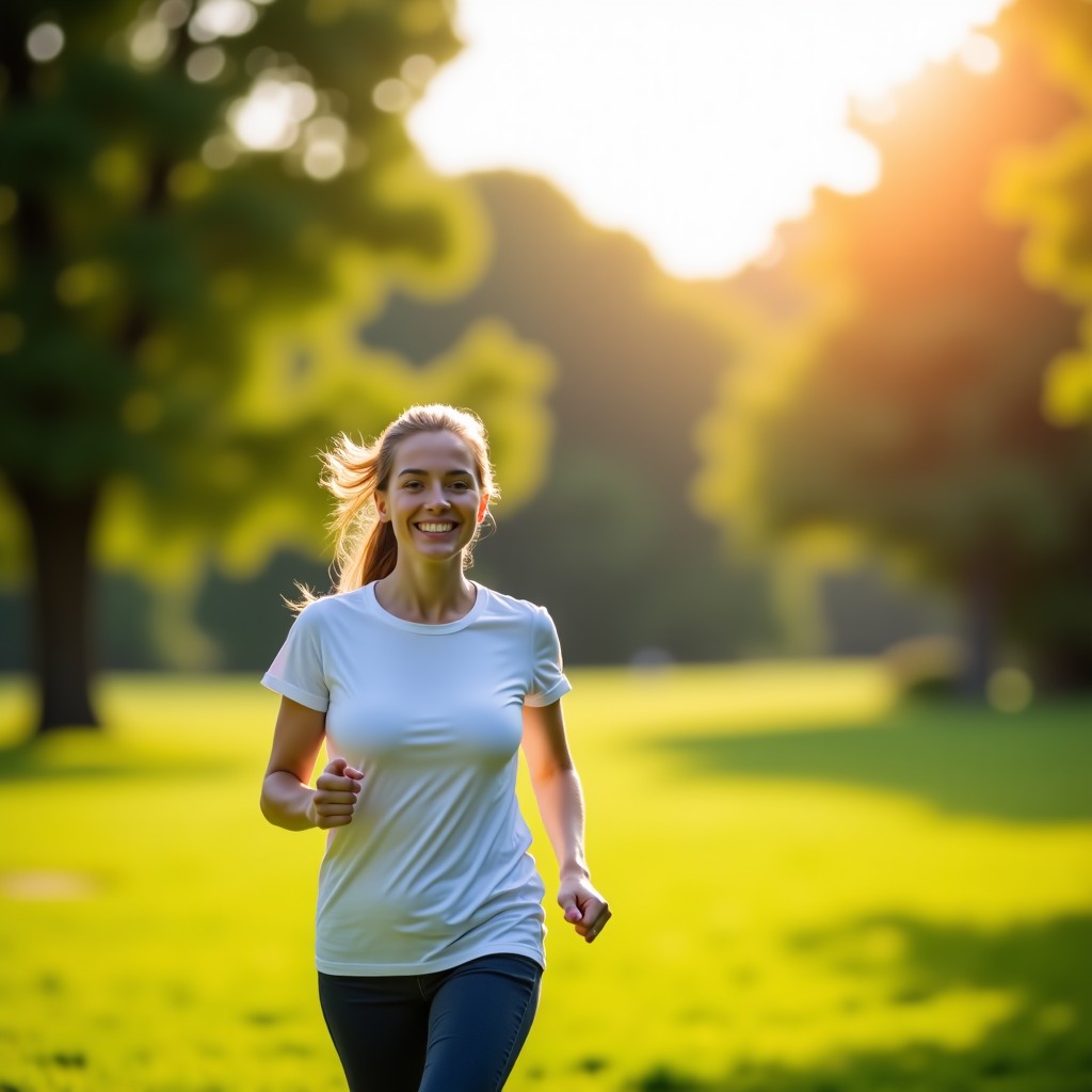 A bright and airy photograph of a healthy person walking in a green park looking energetic and vibrant with natural light. 1:1