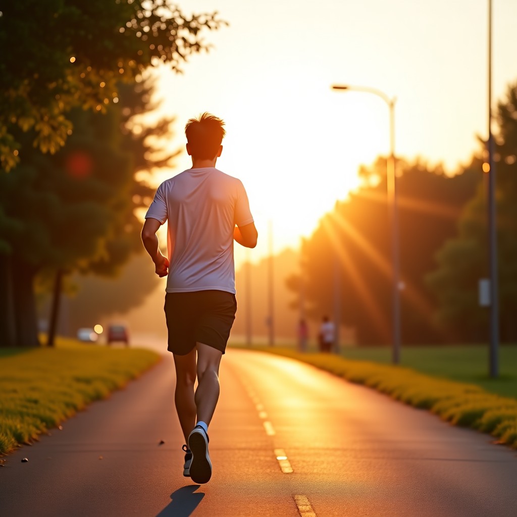 A Korean man jogging on a park path early in the morning, clear sky, feeling energetic and healthy, high contrast, 4:3.