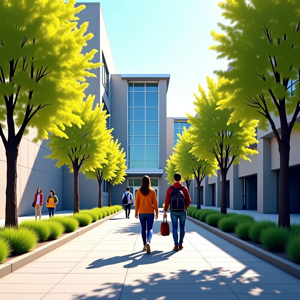 A modern and beautiful university campus entrance with students walking and talking naturally on a bright sunny spring day. High-quality lifestyle photography, academic atmosphere, 인서울 대학 순위 2026, 1:1