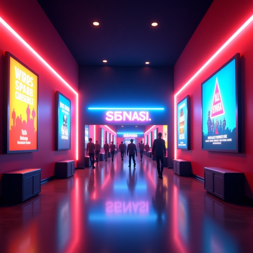 A vibrant and modern cinema lobby with colorful movie posters, soft ambient lighting, people walking around, realistic atmosphere, 4:3