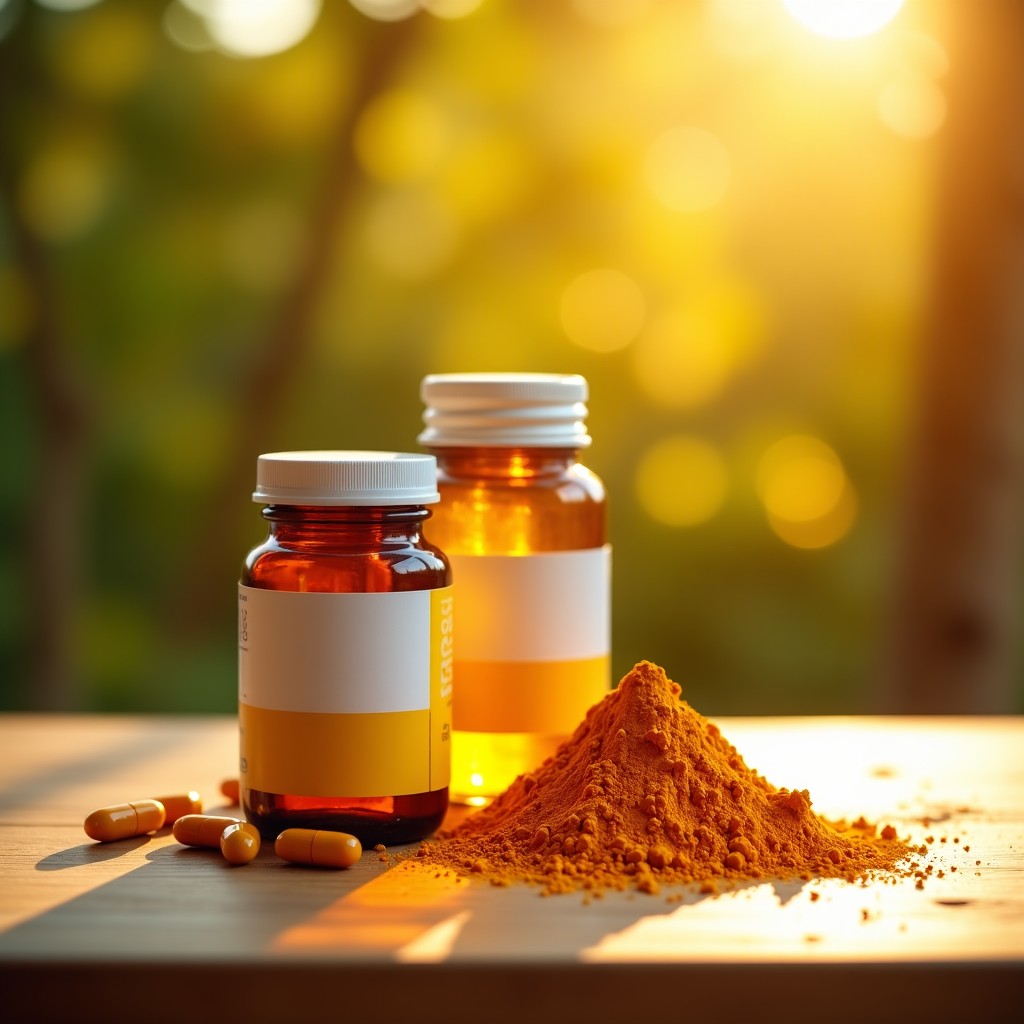 A high-quality lifestyle photograph of golden turmeric powder next to modern liposomal curcumin capsules on a wooden table with soft natural sunlight. 4:3