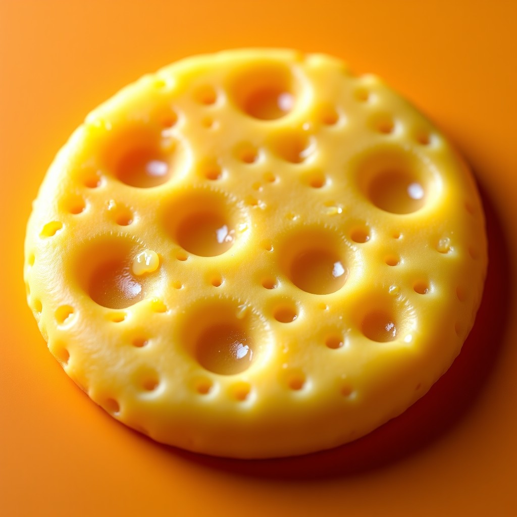 Extreme close-up of a textured yellow cheese cookie. The surface shows fine cracks and visible cheese bits. Vibrant orange and gold tones. Highly detailed texture. 4:3