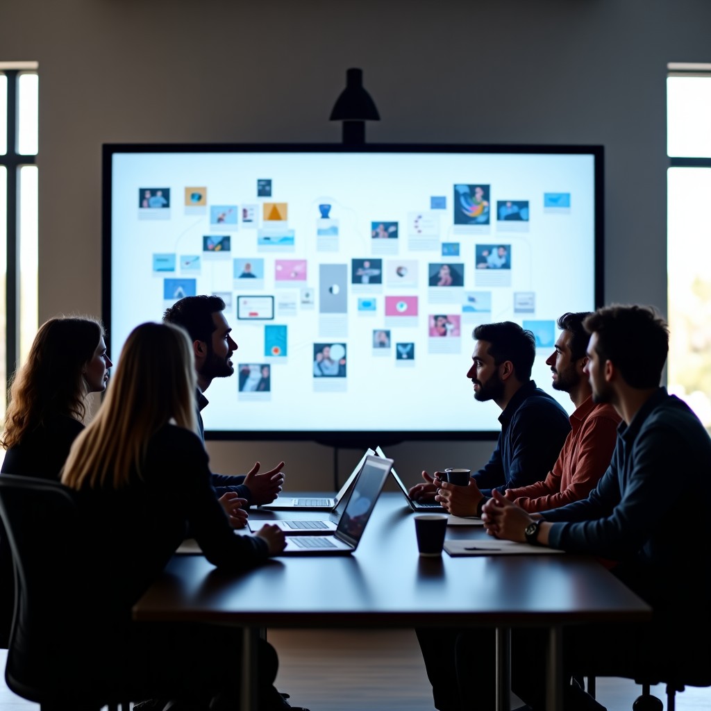 A group of creative marketing professionals in a modern office having a serious discussion around a large screen showing digital media trends, natural lighting, high contrast, 4:3