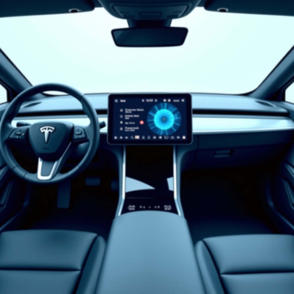 The interior dashboard of a modern car featuring a large rotatable touchscreen display in the center. The design is minimalist and futuristic with soft blue ambient lighting. High-quality interior photography, clean textures, and balanced contrast. 4:3