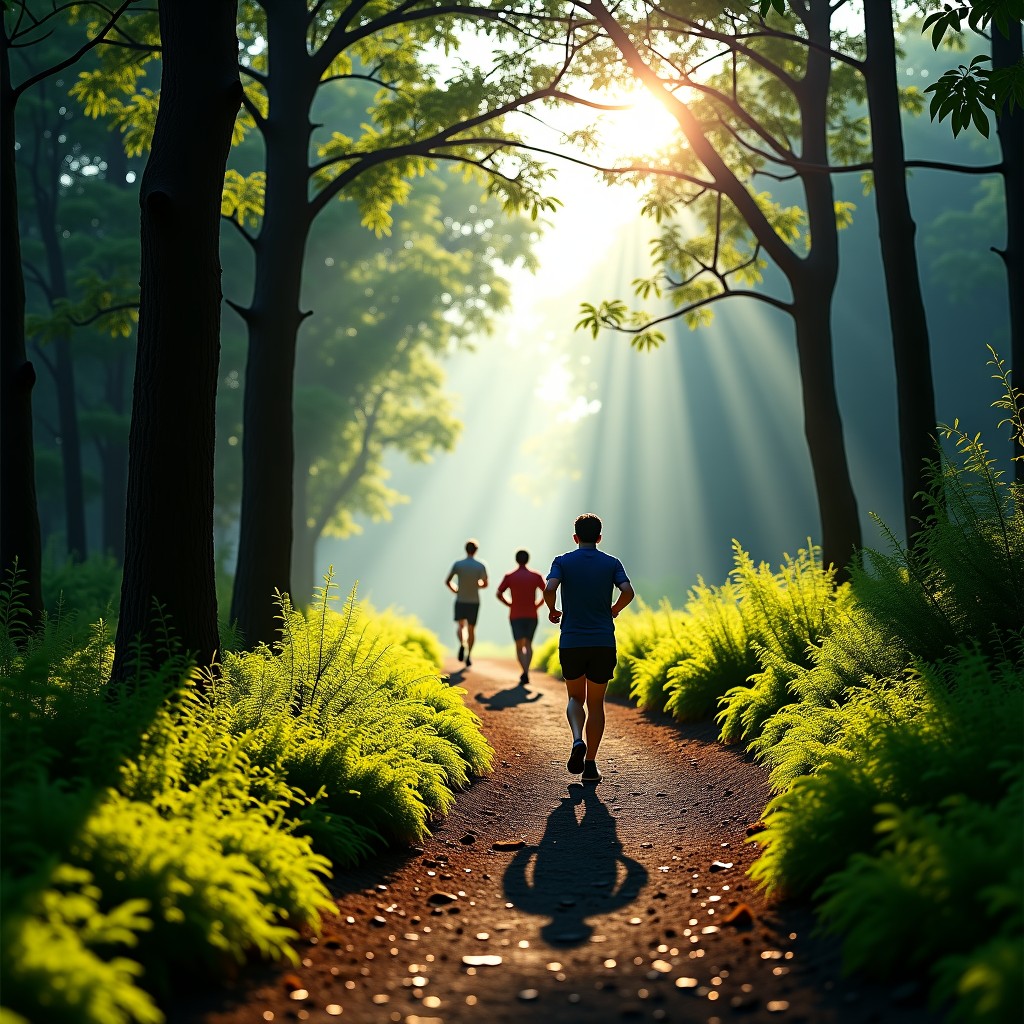 A group of Korean trail runners running on a lush green mountain forest path in Hoengseong, vibrant morning sunlight filtering through trees, wide shot, high quality realistic photography, 4:3