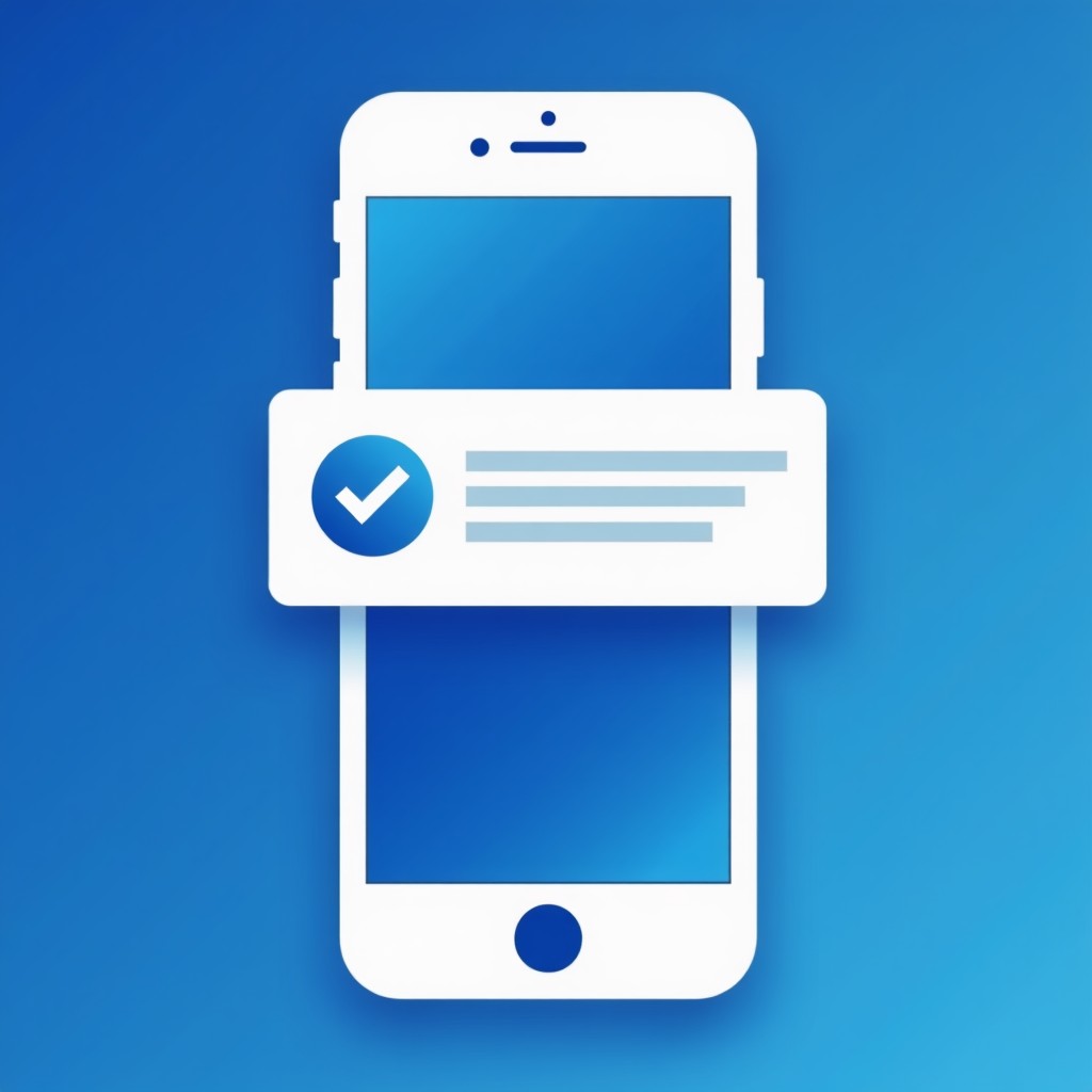 A minimalist digital illustration of a mobile phone screen displaying a 6-digit verification code text message, clean vector style, blue and white color palette, professional look. 4:3