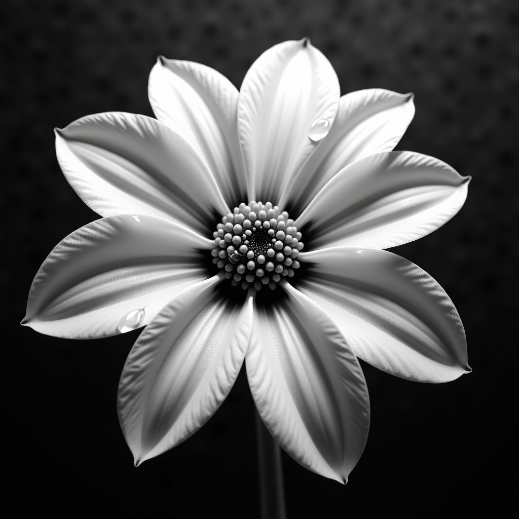 Artistic cinematic black and white close up of a blooming dahlia flower with water droplets, textured dark background, NO TEXT, 1:1