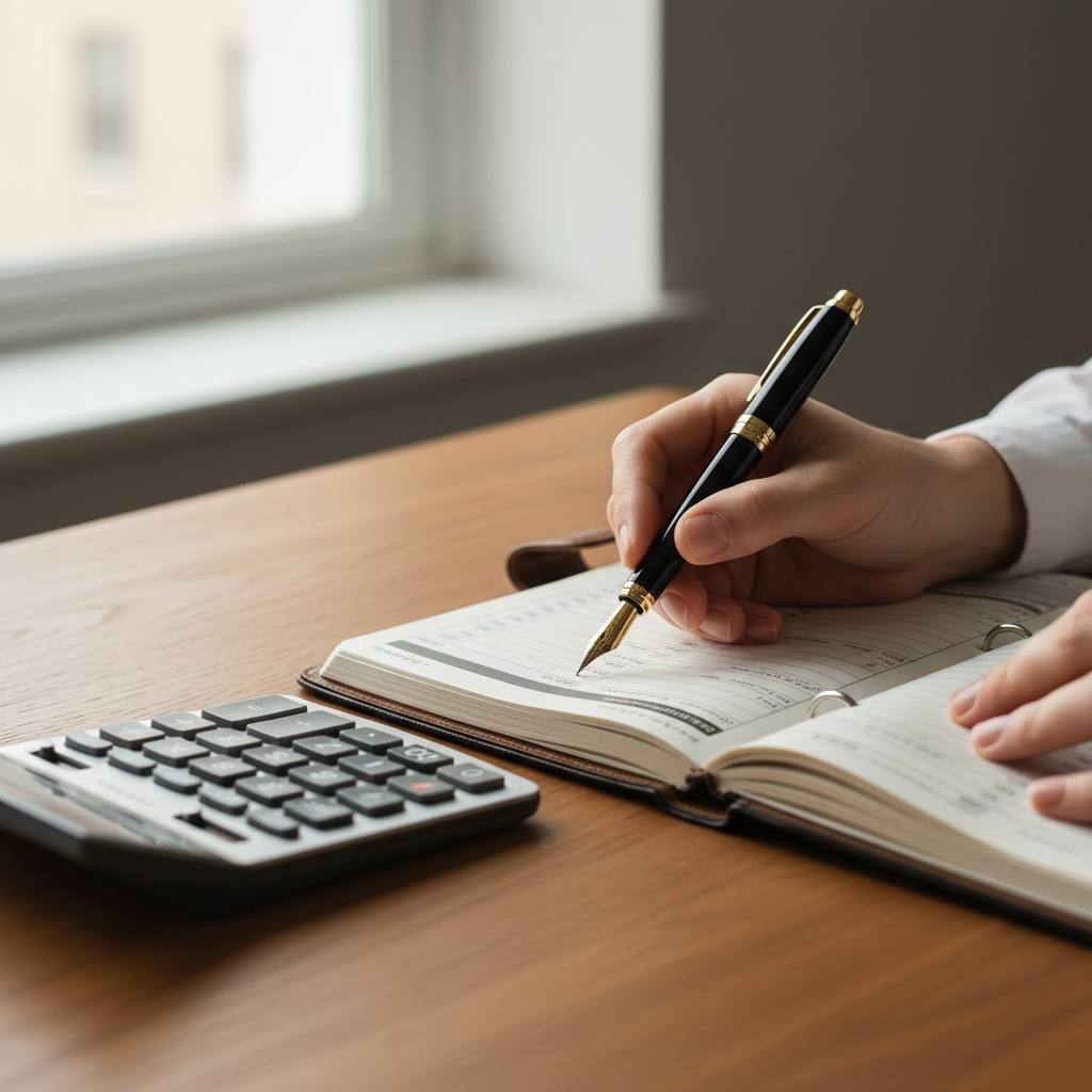가계부와 계산기를 두드리며 자산 계획을 세우는 모습