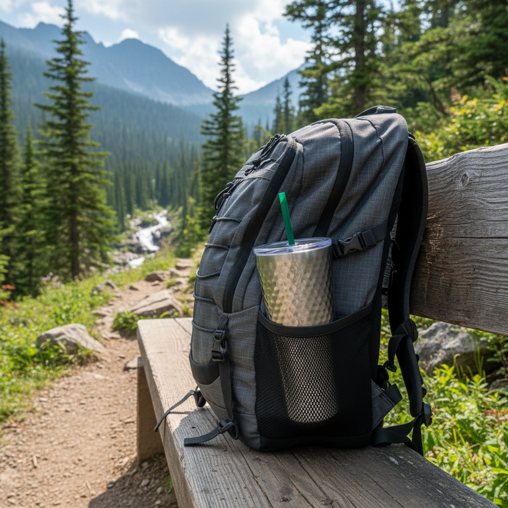 가방 옆 포켓에 꽂힌 텀블러