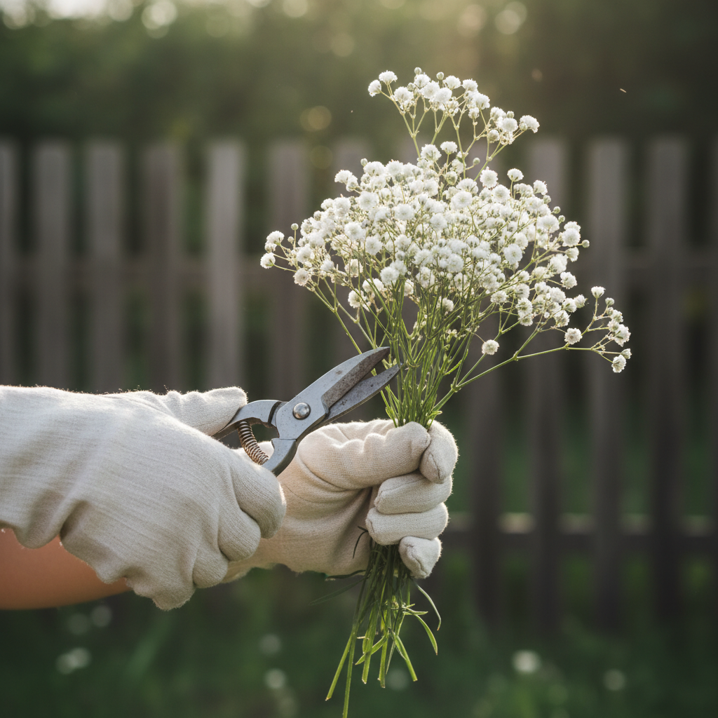 가위로 안개꽃을 정성스럽게 다듬는 모습