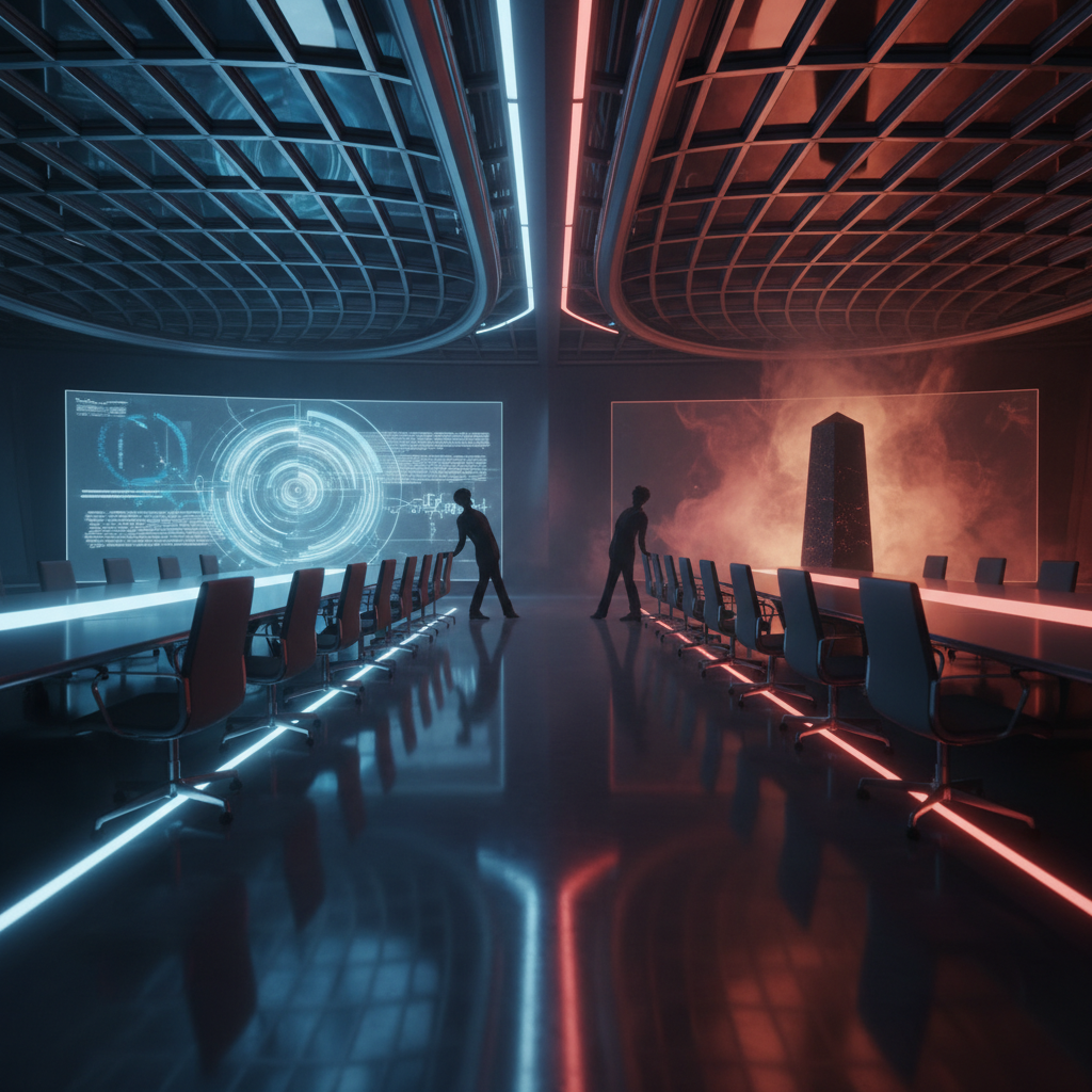 갈림길에 선 거대 기술 기업의 상징적 이미지