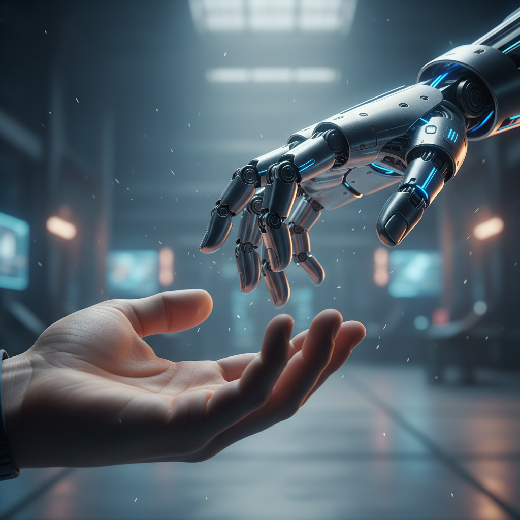 갈림길에 선 로봇의 손과 인간의 손이 마주하는 모습