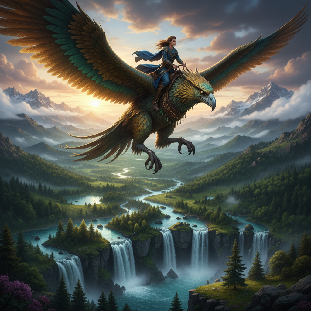 거대한 새를 타고 하늘을 날며 내려다보는 환상적인 풍경