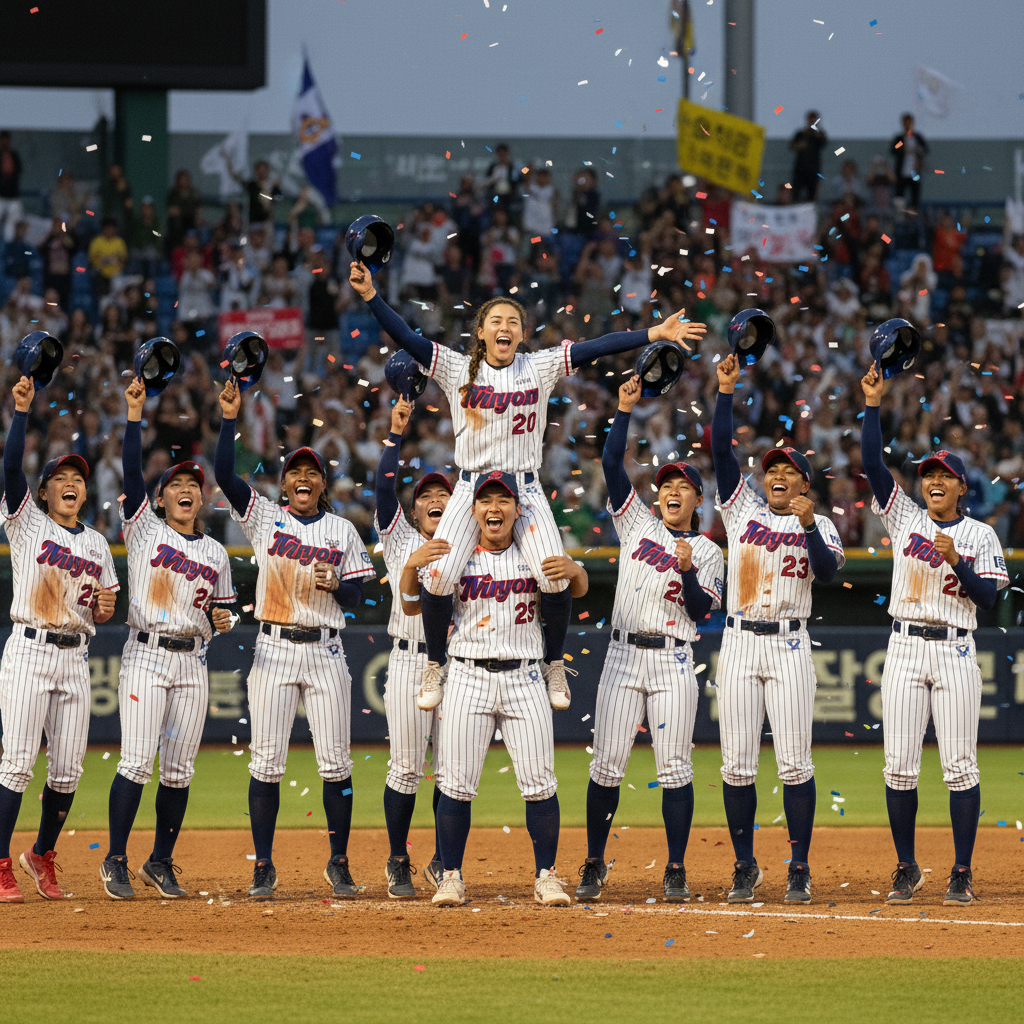경기장에서 환호하는 야구 예능 출연자들