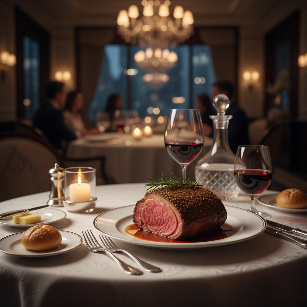 고급스러운 와인과 스테이크가 놓인 테이블