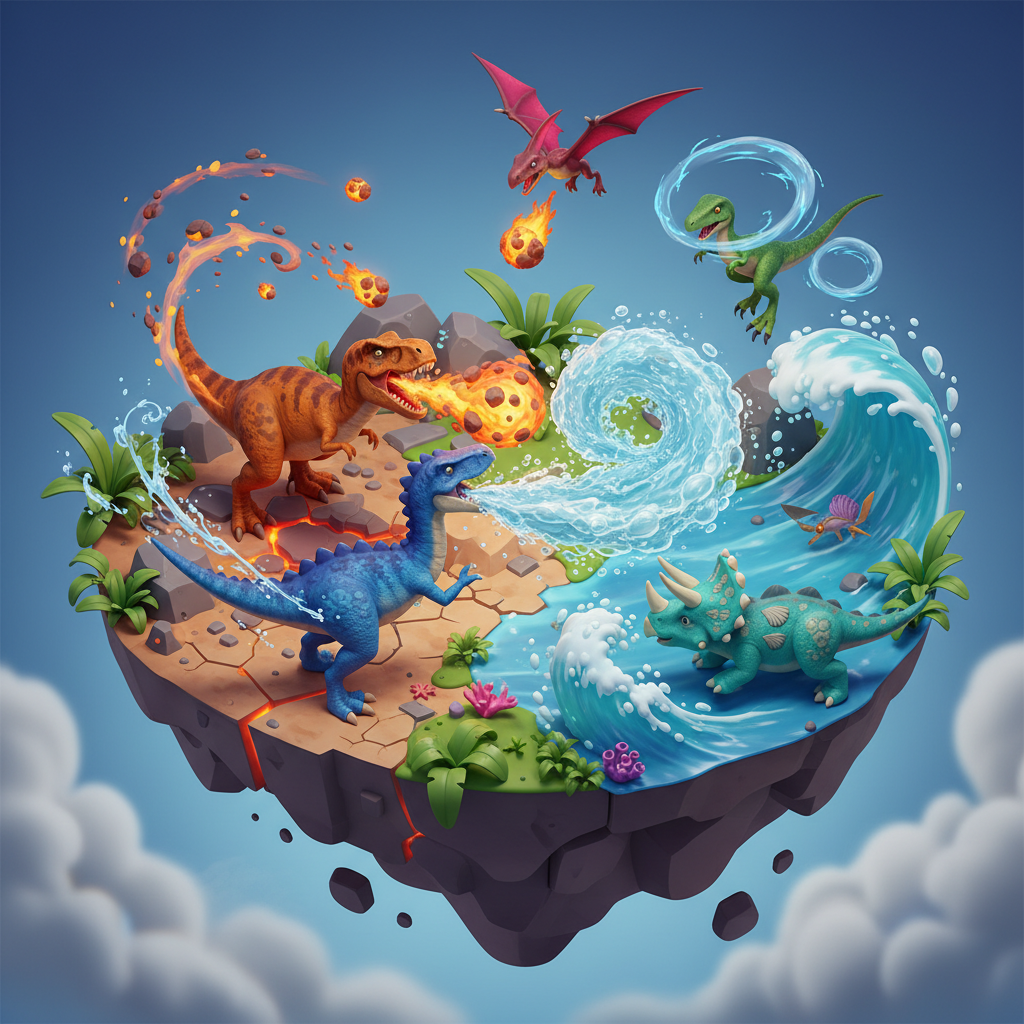 공룡들이 전투를 벌이며 화려한 스킬을 사용하는 장면