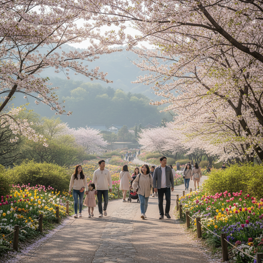 기장 매화원 산책로를 걷는 사람들