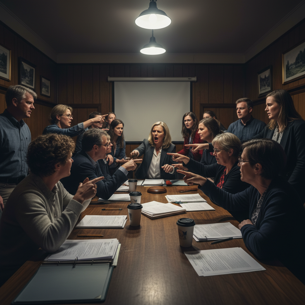 긴장감이 감도는 마을 의회 회의장