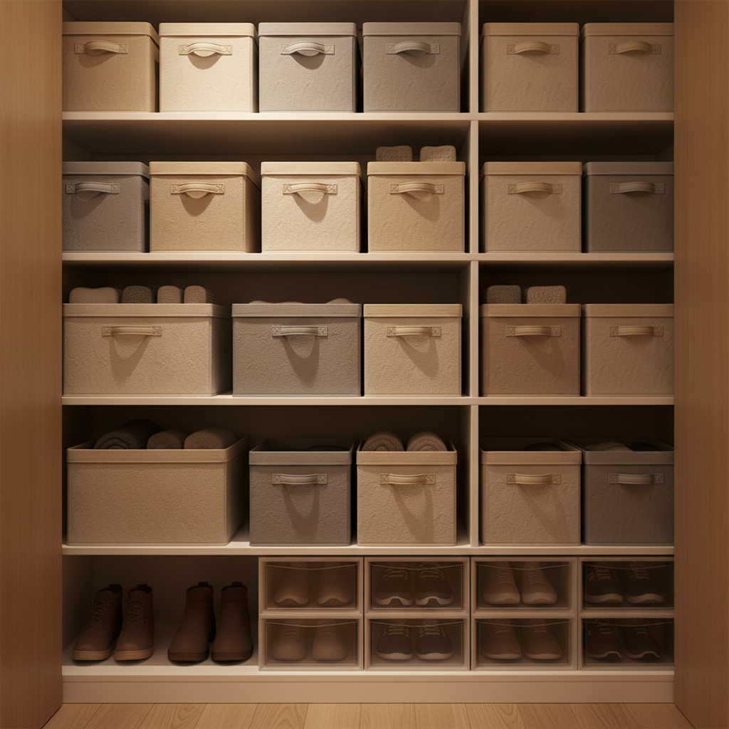 깔끔하게 정리된 옷장 내부의 박스들