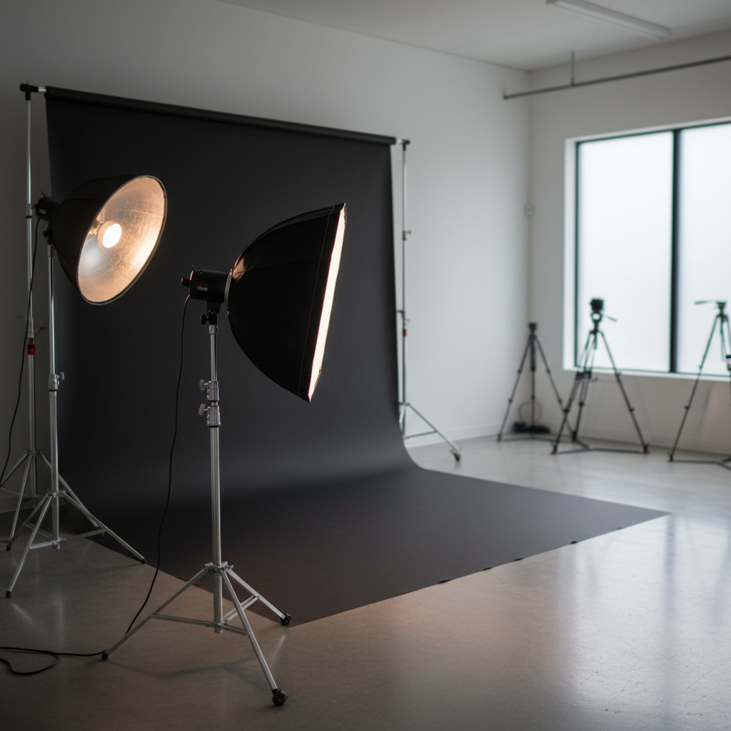 깔끔한 스튜디오에서 촬영 준비 중인 모습