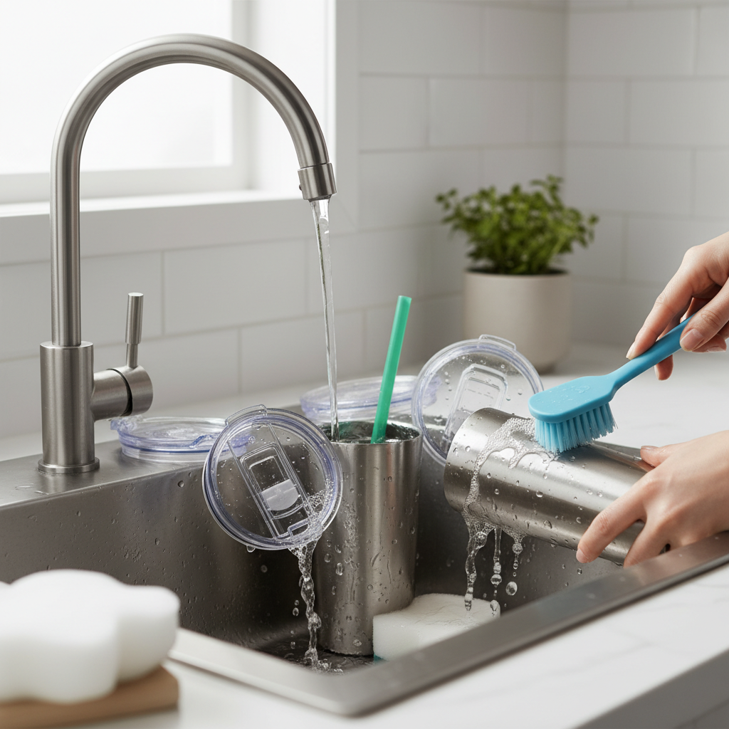 깨끗하게 세척 중인 텀블러 부품들