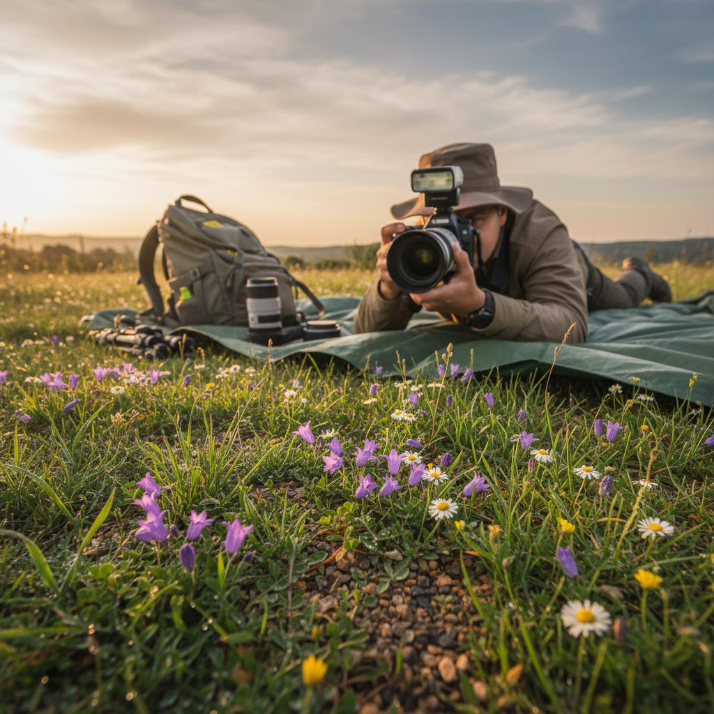낮은 자세로 야생화를 촬영하는 모습