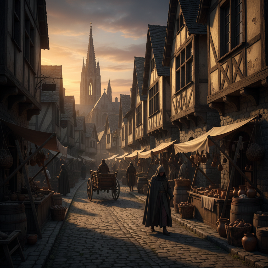 노을이 지는 중세 도시의 정교하고 세밀한 거리 풍경