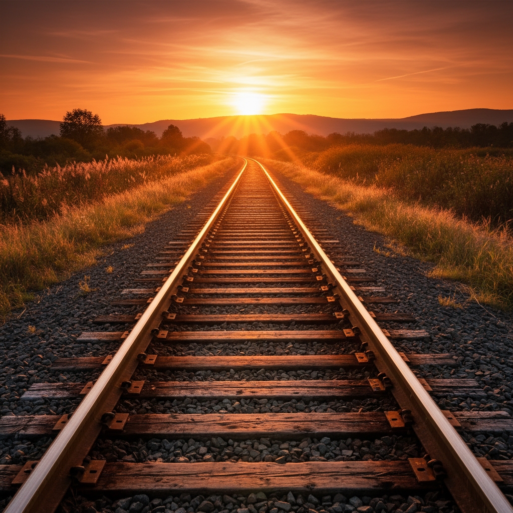 노을 지는 철길의 풍경
