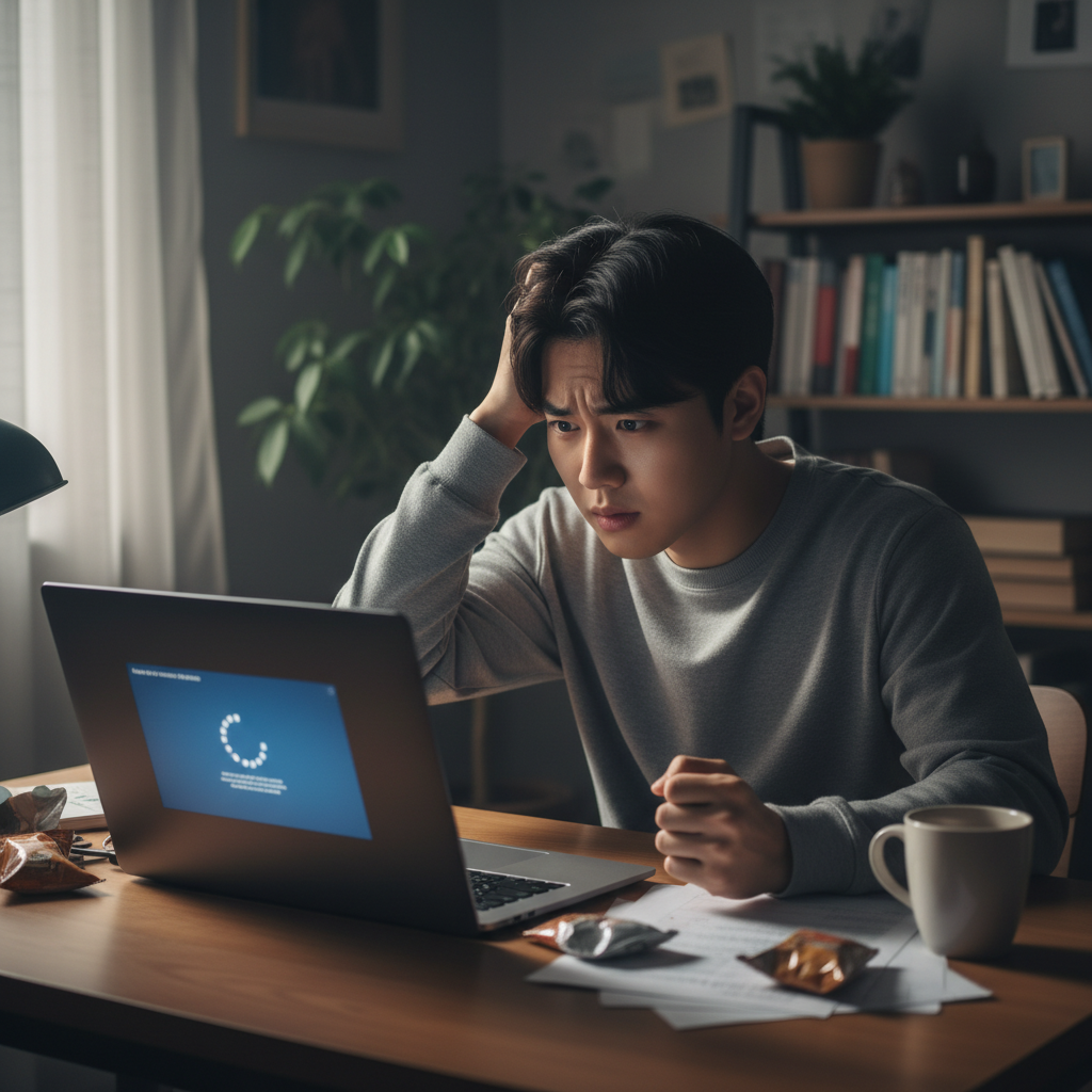 노트북 앞에 앉아 당황한 표정의 사용자