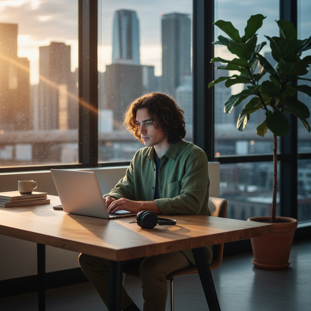 노트북 앞에 앉아 AI와 대화하는 사람