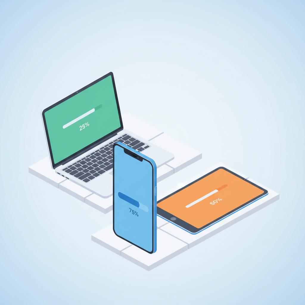 다양한 디지털 기기에서 동시에 업데이트가 진행되는 모습