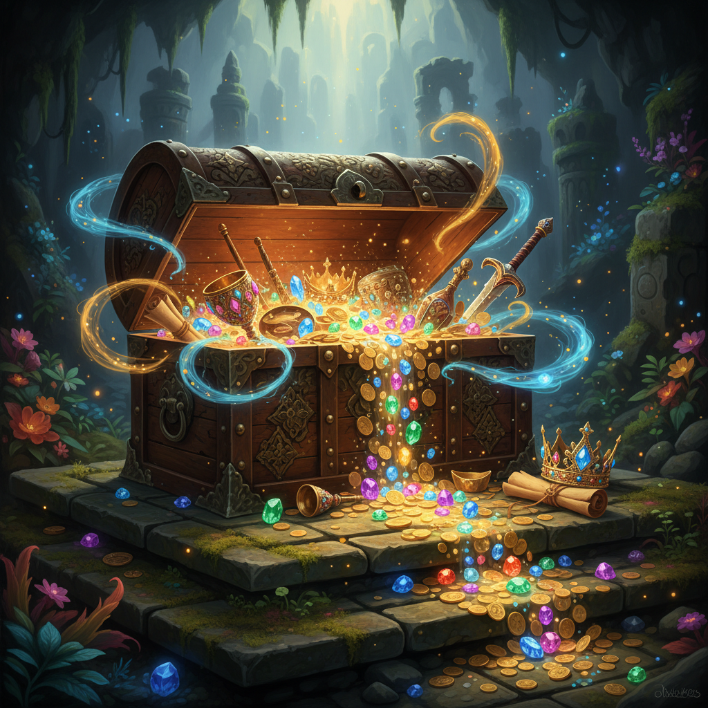 다양한 보물 상자와 아이템들이 가득한 게임 보상 화면