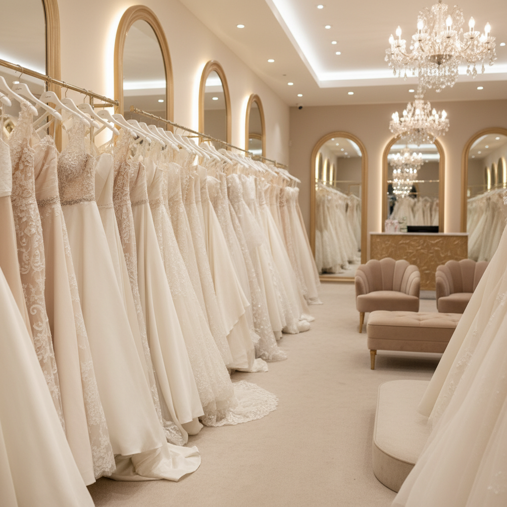 다양한 종류의 웨딩드레스가 걸려 있는 우아한 드레스 샵 내부