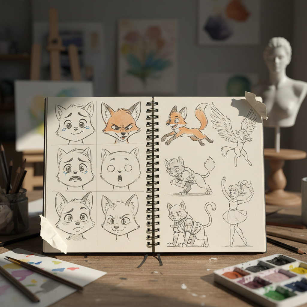 다양한 캐릭터 표정과 포즈가 담긴 세련된 디자인 스케치북