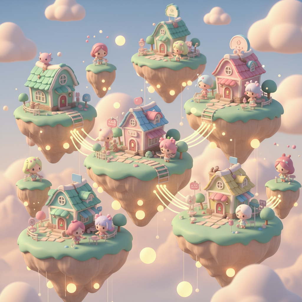 다채로운 색감의 아바타들이 모여 있는 포코피아의 평화로운 마을 풍경