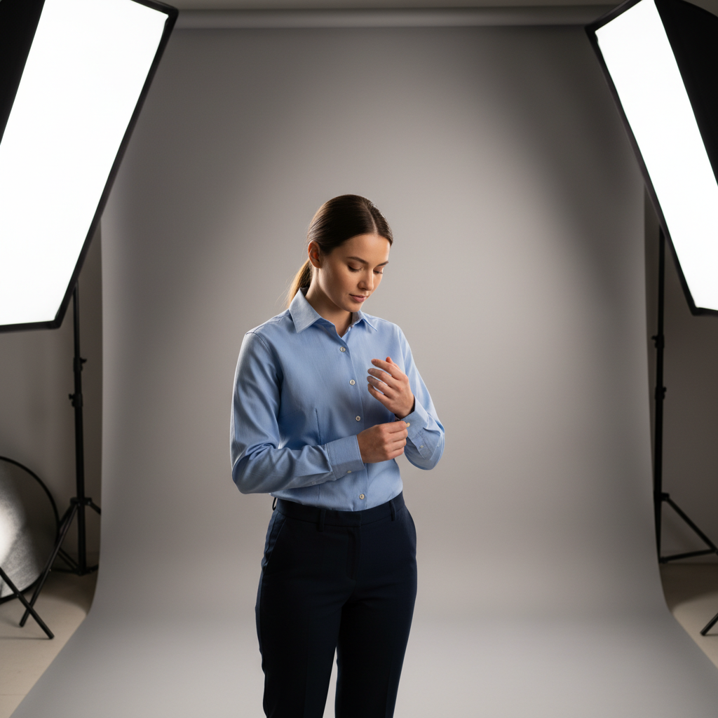 단정하게 옷을 입고 촬영을 준비하는 사람