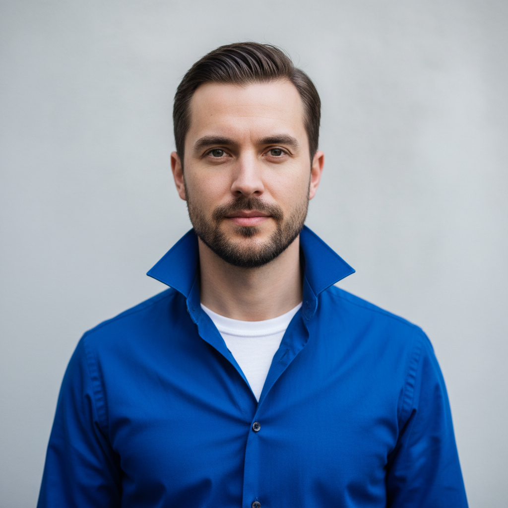 단정한 셔츠를 입고 촬영을 준비하는 모습