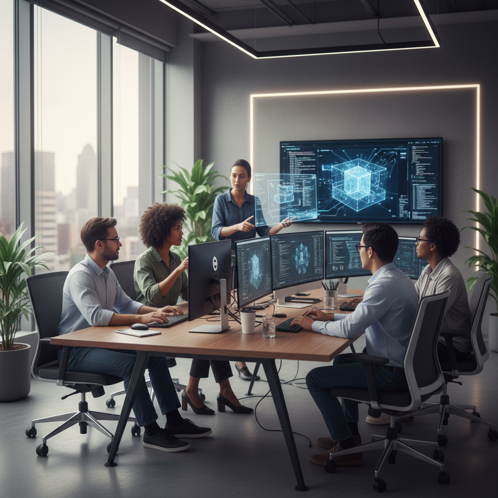 대형 사무실에서 팀원들이 AI 도구로 코딩하는 모습