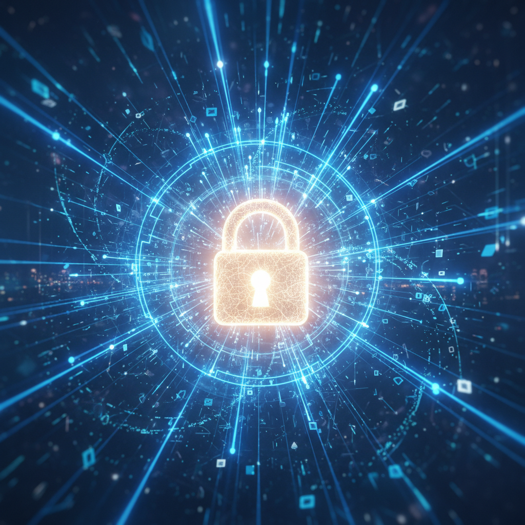 디지털 세계의 안전을 상징하는 빛나는 자물쇠와 데이터망