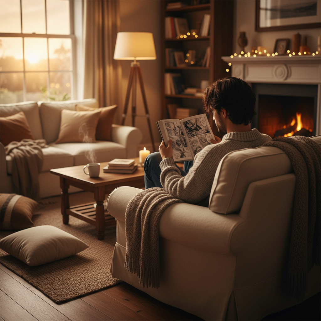 따뜻한 조명 아래서 만화책을 즐겁게 읽고 있는 사람