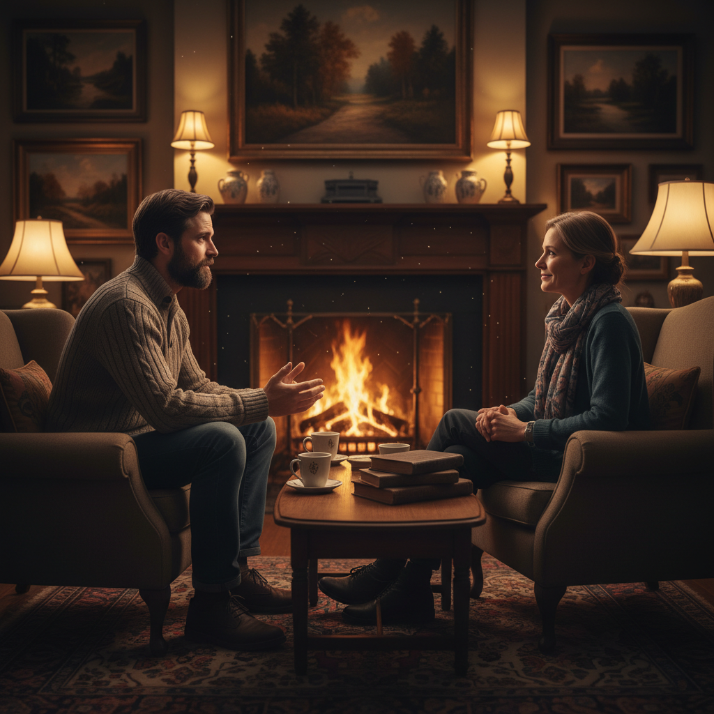 따뜻한 조명 아래 깊은 대화를 나누는 인물들
