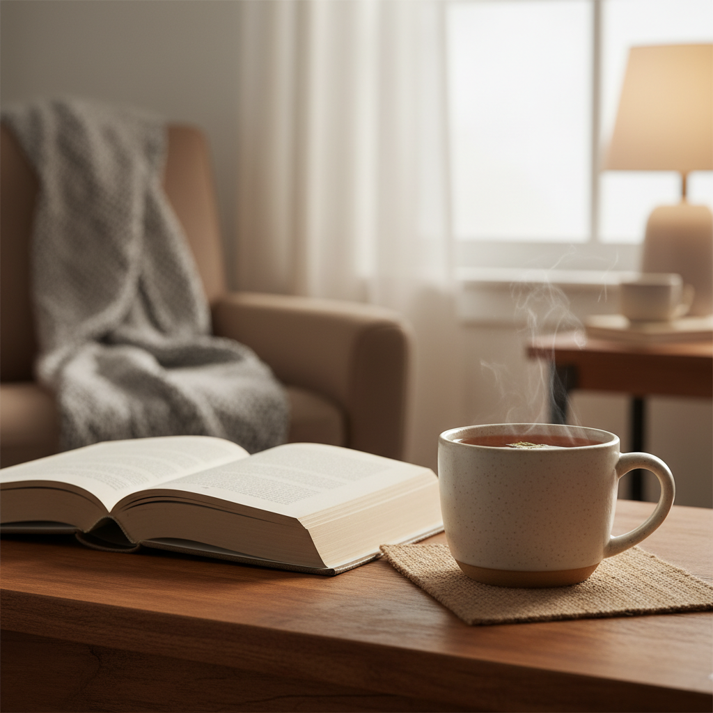 따뜻한 차 한 잔과 함께 책을 읽는 평온한 모습