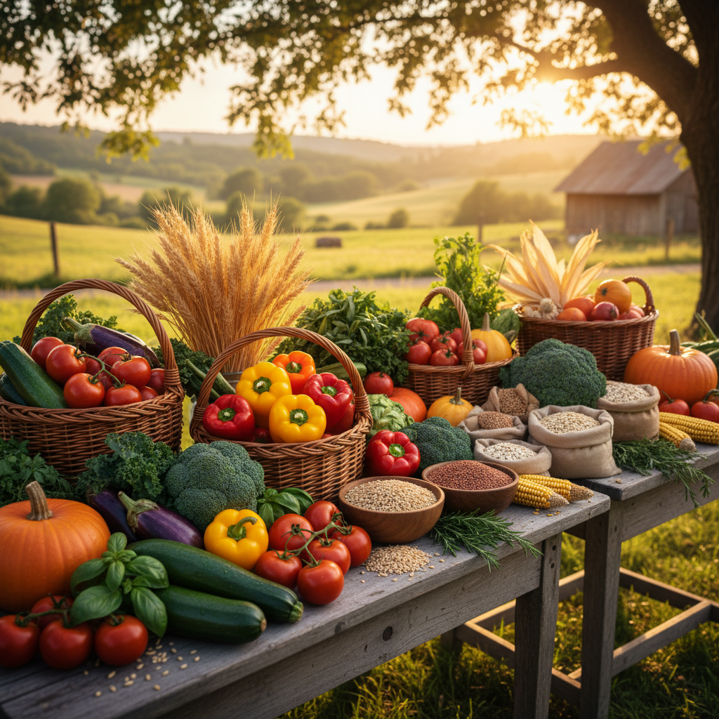 따뜻한 햇살 아래 풍성하게 수확된 지역 농산물