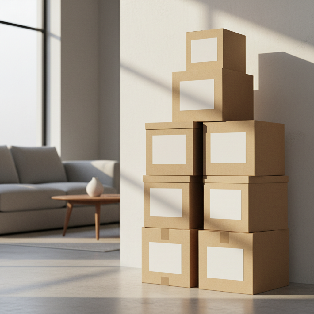 라벨링이 되어 차곡차곡 쌓인 이사박스