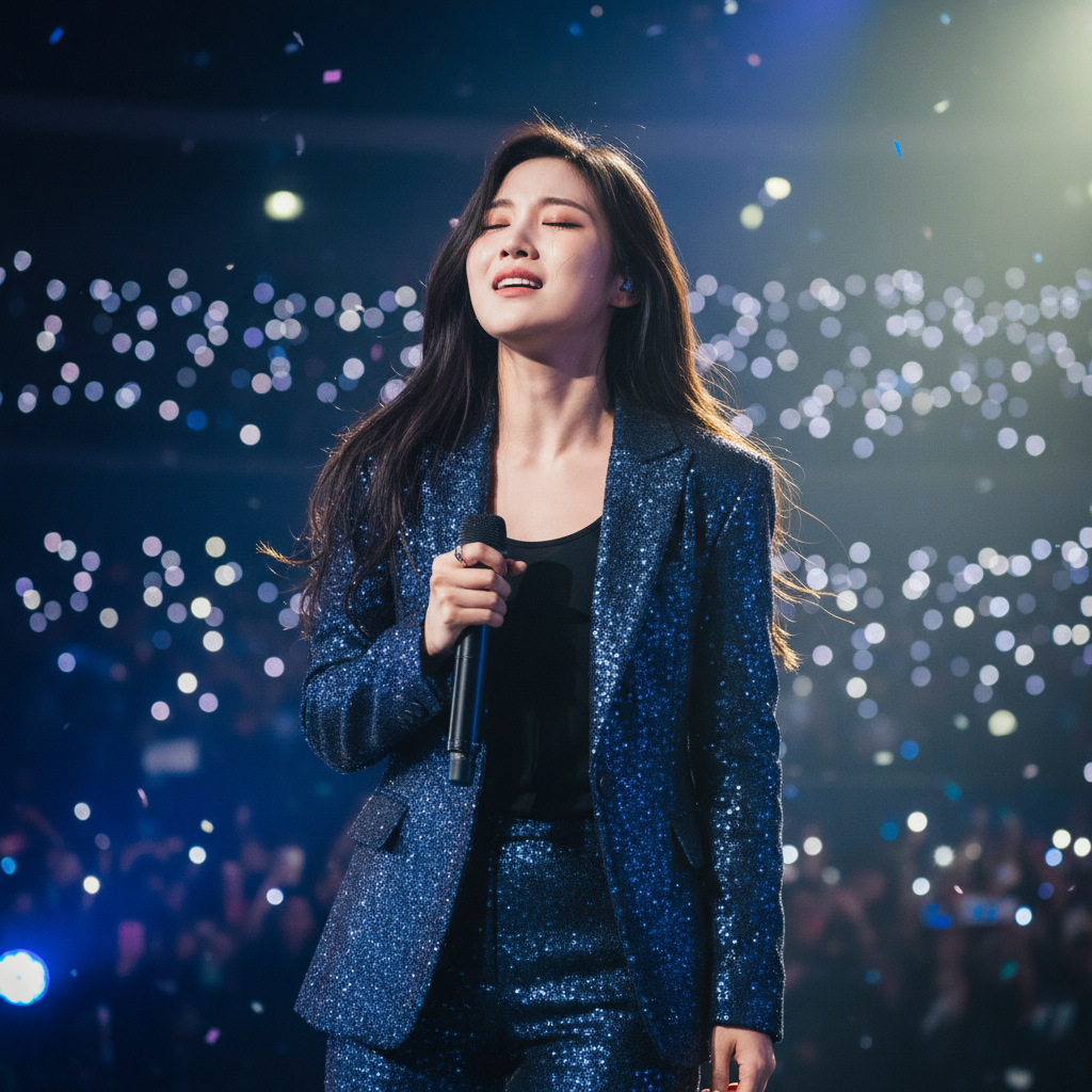 마이크를 잡고 열창하는 가수와 화려한 배경