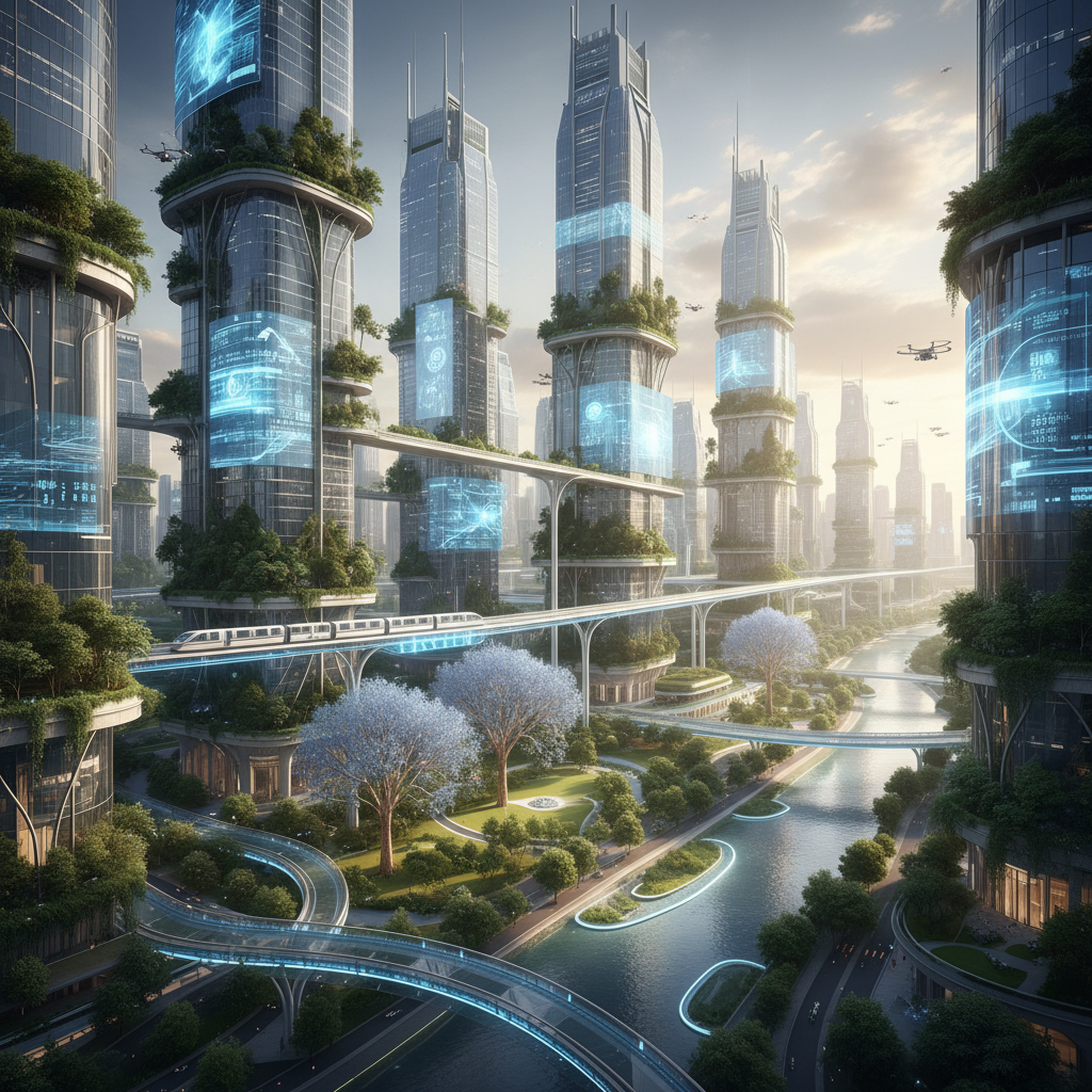 미래의 디지털 기술과 환경이 공존하는 풍경