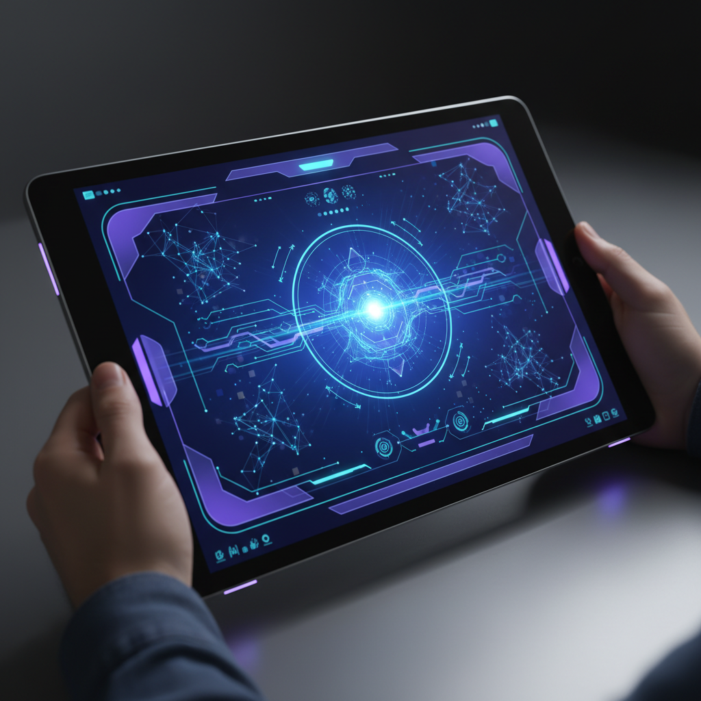미래적인 인터페이스가 담긴 태블릿 화면