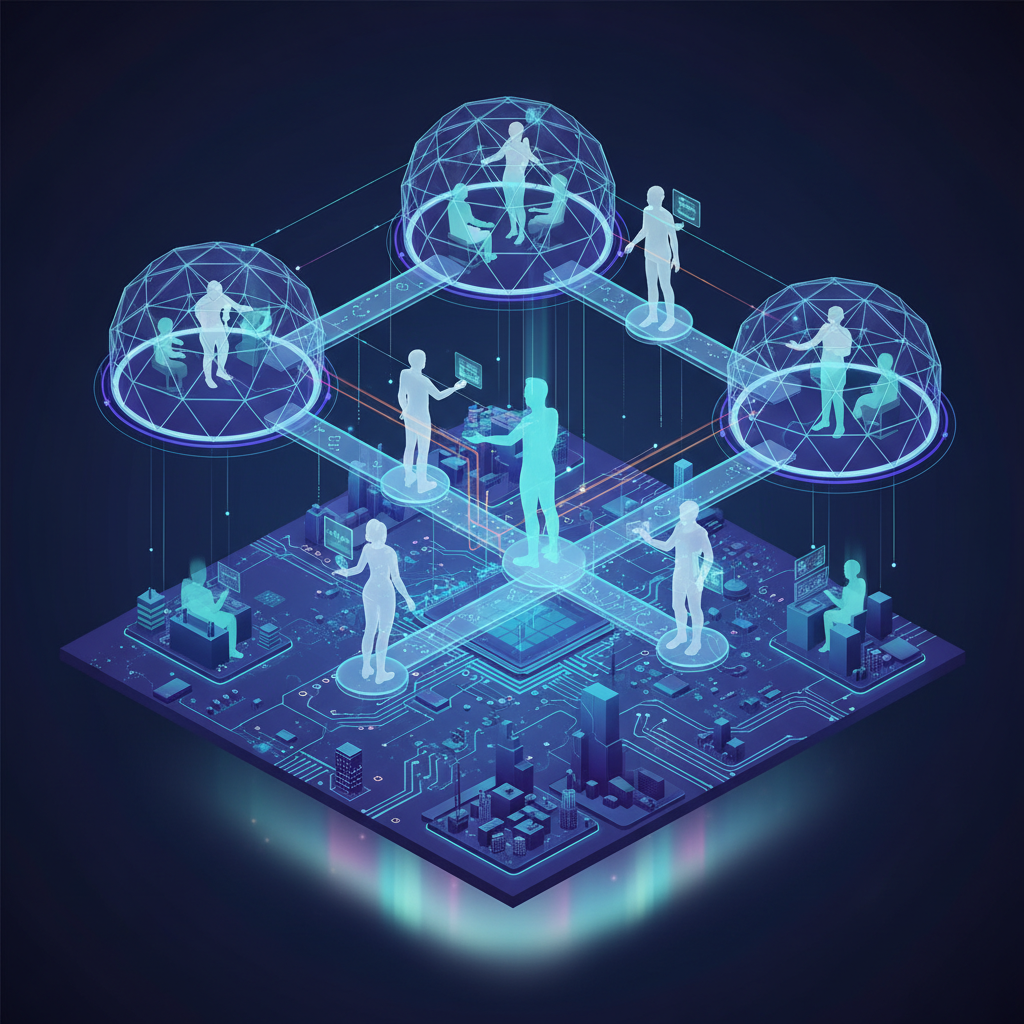 미래 사회의 디지털 민주주의와 시민의 참여를 은유하는 추상적인 장면